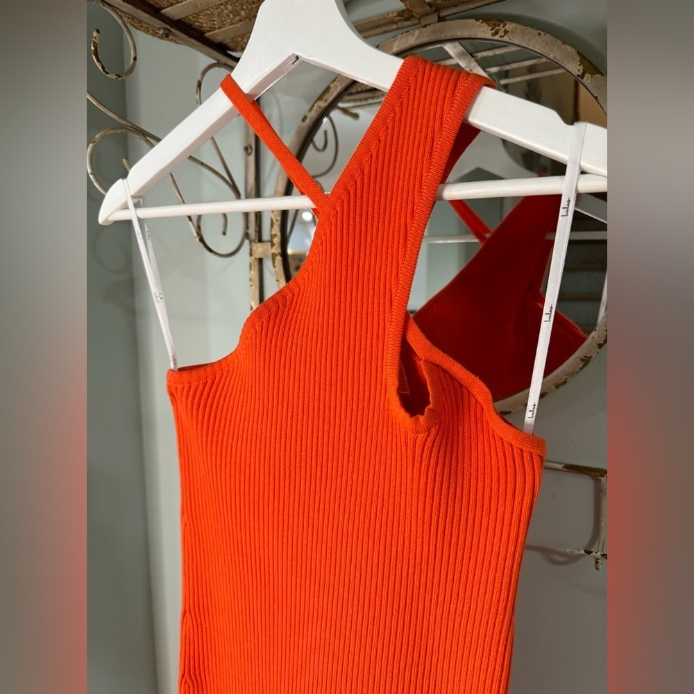 Lulu’s, Exciting Night Orange Red Ribbed Asymmetrical Bodycon Mini Dress, Med - Picture 2 of 8